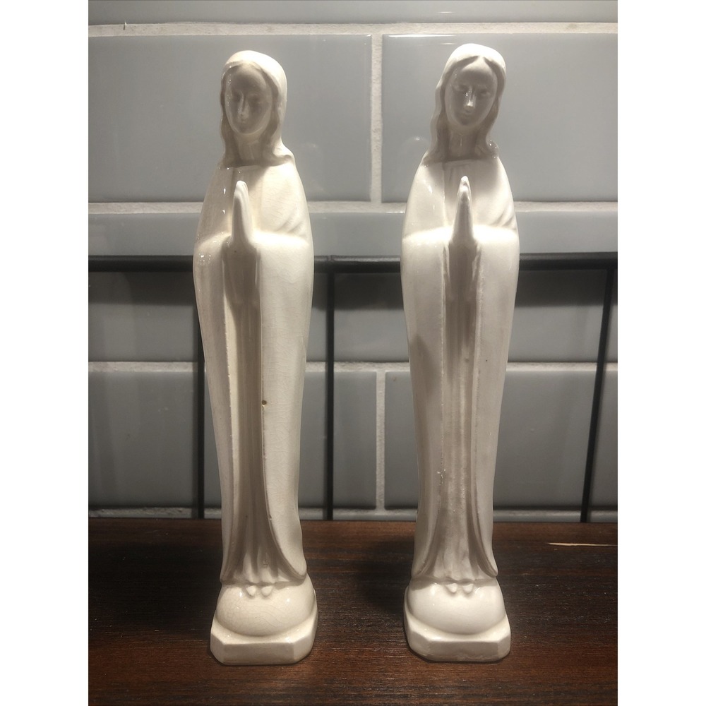 Vintage Praying Virgin Mary White Porcelain Elegant Slender Statue Lot Of 2